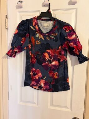 Cupio Navy Floral Puff-Sleeve Blouse with Pink & Red Blooms